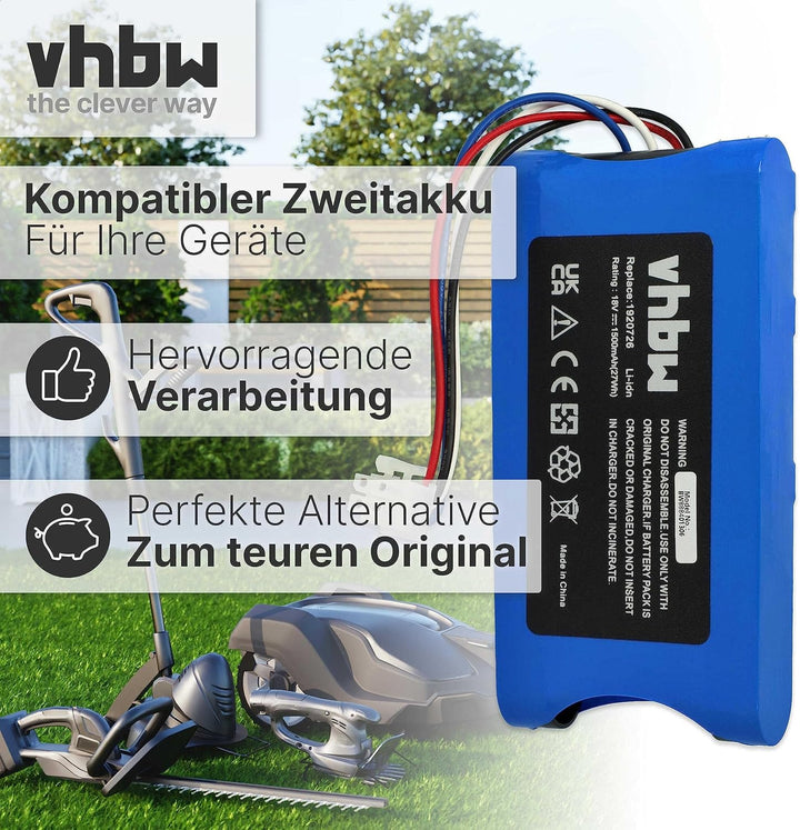 vhbw Akku Ersatz für Yard Force 1920726 für Rasenmäher Rasenroboter (1500mAh, 18V, Li-Ion)