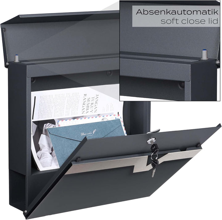 XPOtool Briefkasten V60 Anthrazit und Edelstahl 370 x 105 x 370 mm, Wandbriefkasten mit Schloss, Sof
