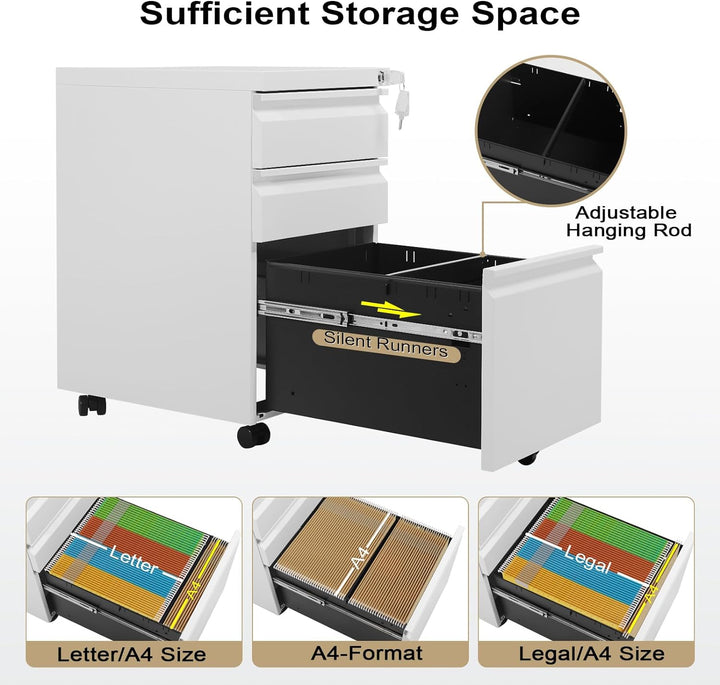WOLTU Rollcontainer, Aktenschrank, Büroschrank, abschliessbarer Schrank, Container mit 3 Schubladen,