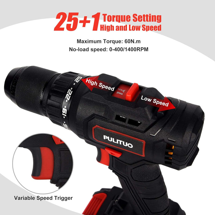 PULITUO Akku-Bohrschrauber mit Batterie, 20V bürstenlose Bohrmaschine, Bohrmaschine (60N · m, 25 + 1