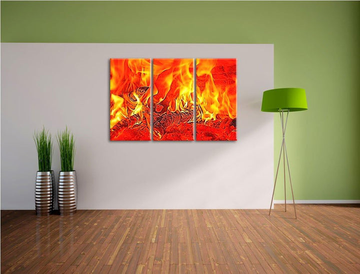 Gemütliches Holz im Feuer Spezial 3-Teiler Leinwandbild 120x80 Bild auf Leinwand, XXL riesige Bilder