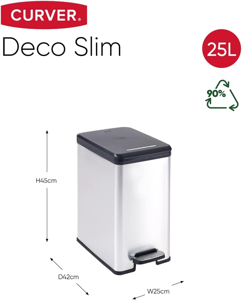 CURVER DECO Bin SLIM 25L Abfalleimer, Plastik, schwarz/silber metallic, 39 x 25 x 45 cm 39 x 25 x 45