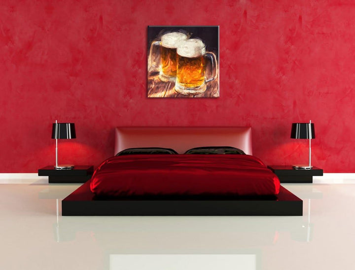 Pixxprint Zwei Masskrüge Bier als Leinwandbild/Grösse: 70x70 cm/Wandbild/Kunstdruck/fertig bespannt,