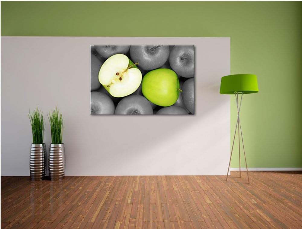 saftige grüne Äpfel schwarz/weiss Format: 100x70 auf Leinwand, XXL riesige Bilder fertig gerahmt mit
