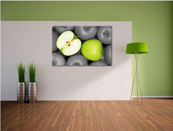 saftige grüne Äpfel schwarz/weiss Format: 100x70 auf Leinwand, XXL riesige Bilder fertig gerahmt mit