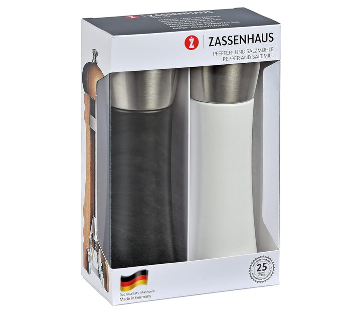 Zassenhaus Mühlenset AUGSBURG Buchenholz | Geschenkset | Schwarz & Weiss | Mühlenkopf aus Edelstahl