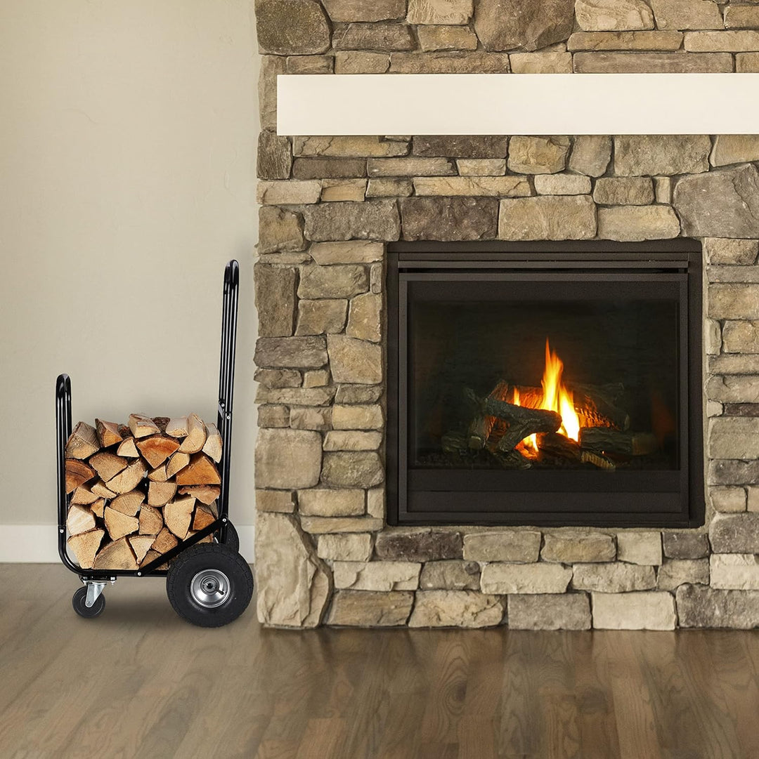 Relaxdays Kaminholzwagen, 2 Reifen & 2 Rollen, bis 60 kg, Brennholzwagen Stahl, Holztransport & -auf