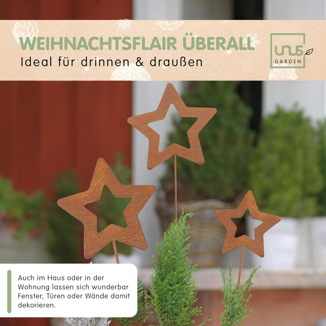 UNUS Gartenstecker Weihnachten Stern, 3X Weihnachtsstern, Gartendeko Rostoptik, Rost Deko wetterfest