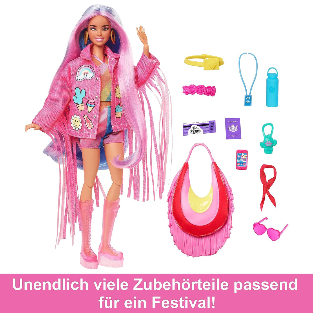 Barbie Extra Fly - Reisepuppe im Wüstenlook mit Fransenjacke und übergrosser Tasche, beweglicher Kör