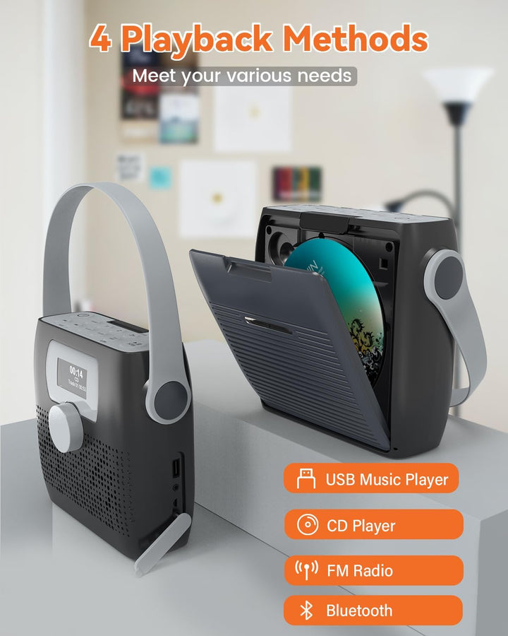 NEU 2024 Tragbarer CD Player mit Radio FM, MONODEAL Bluetooth Boombox CD Player mit Lautsprecher, Wi