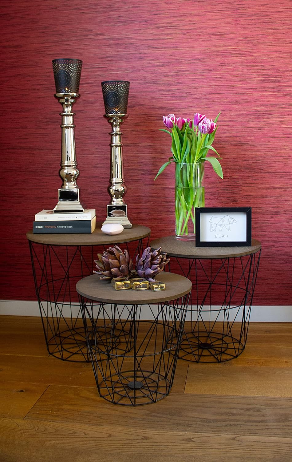 Brandsseller 3er Tischset Beistelltisch Couchtisch Ø 29 cm Ø 34 cm Ø 39,5 cm Gestell Schwarz - Holz