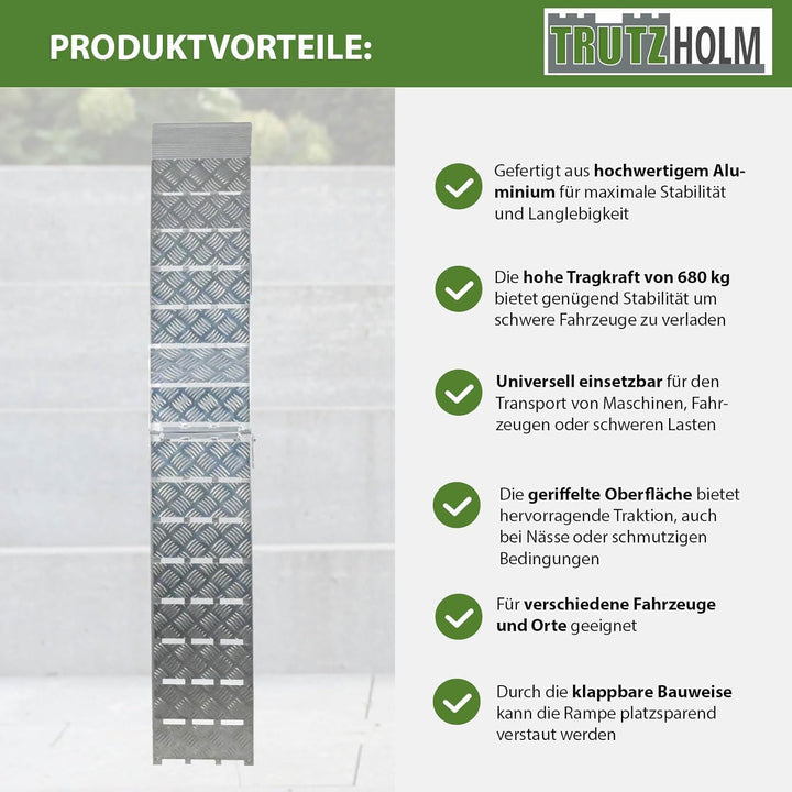 TRUTZHOLM 1 x Auffahrrampe klappbar 226 cm Traglast 680 kg Alu grau Motorradrampe Verladerampe Land