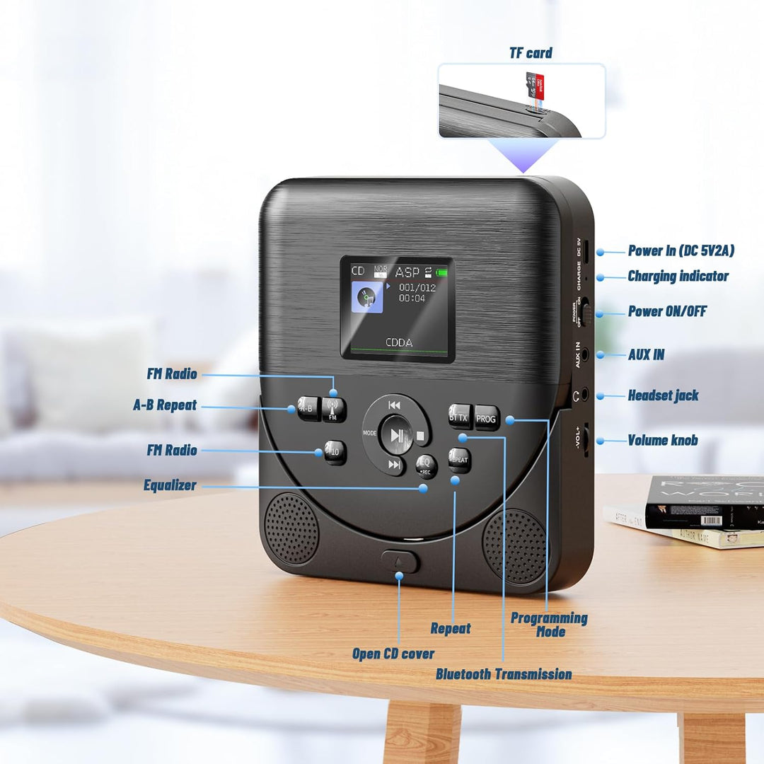 CD Player Tragbar, FELEMAN CD Player Bluetooth mit Lautsprechern/Kopfhörern/Display, wiederaufladbar
