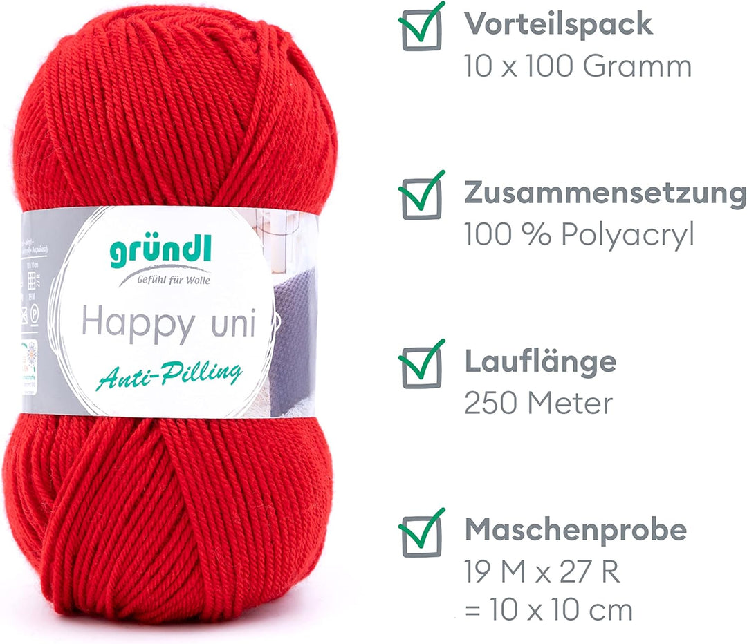 Gründl Happy uni (Strick- und Häkelgarn mit wollartigem Charakter aus 100% Polyacryl, Anti-Pilling,