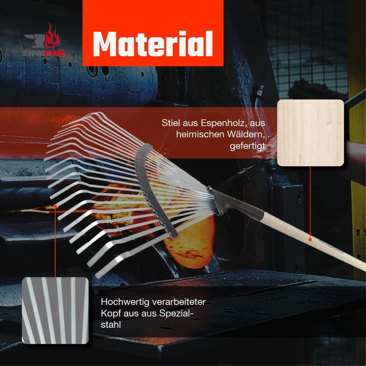 SHW-FIRE Profi Laubbesen verzinkt - Breiter, fest montierter Besen mit 22 Zinken und ergonomischem S