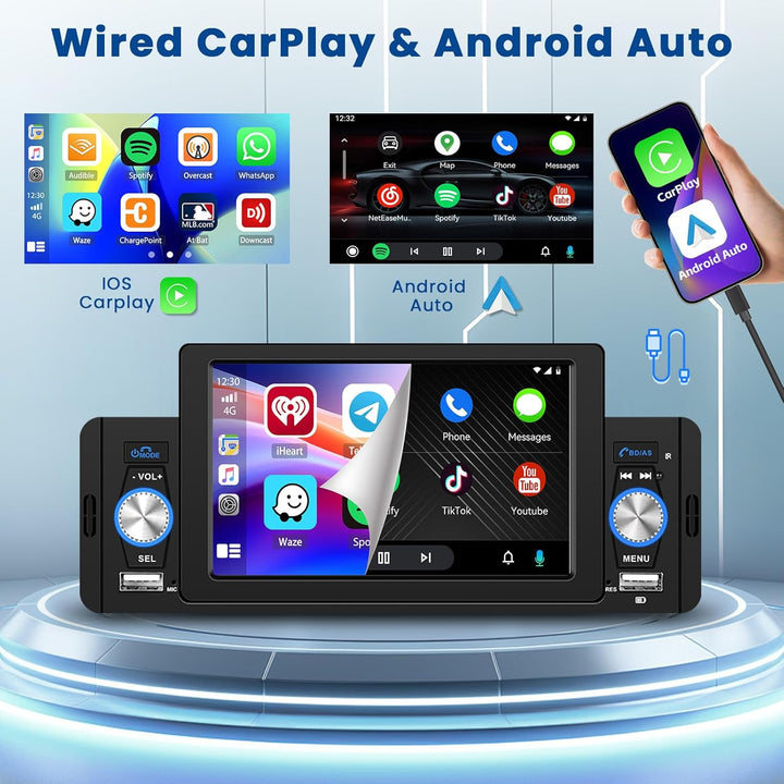 Hikity 1 Din Autoradio Wired Carplay Android Auto mit 5 Zoll Bildschirm Auto Radio Touch Display mit