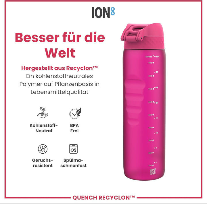 Ion8 1 Liter Trinkflasche, 1000ml, Auslaufsicher, Einhandöffnung, Sichere Verriegelung, Spülmaschine