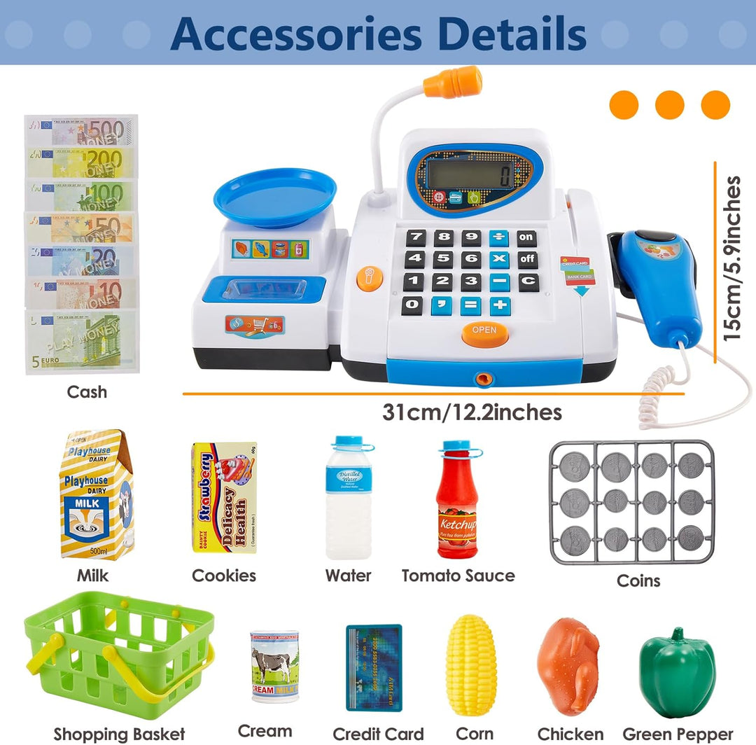 HERSITY Grosse Kinderkasse, Spielzeug Kasse mit Scanner und Sound, Spiel Supermarkt Kinder Kaufladen