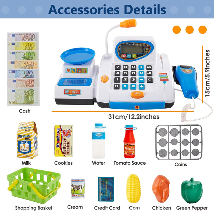 HERSITY Grosse Kinderkasse, Spielzeug Kasse mit Scanner und Sound, Spiel Supermarkt Kinder Kaufladen