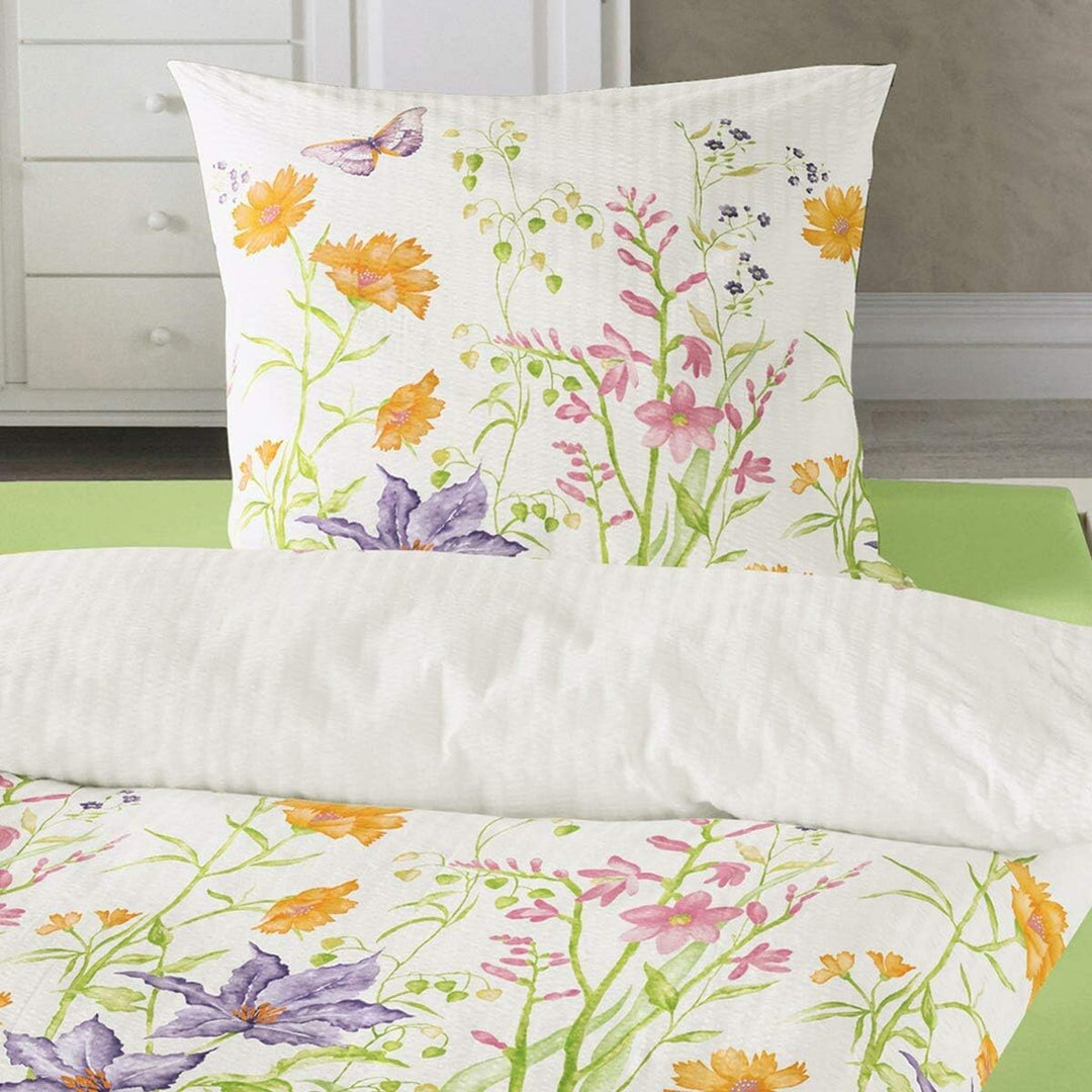 Seersucker Bettwäsche Set Blumenwiese – 135x200 cm Bettbezug + 80x80 cm Kissenbezug – 100% Baumwolle