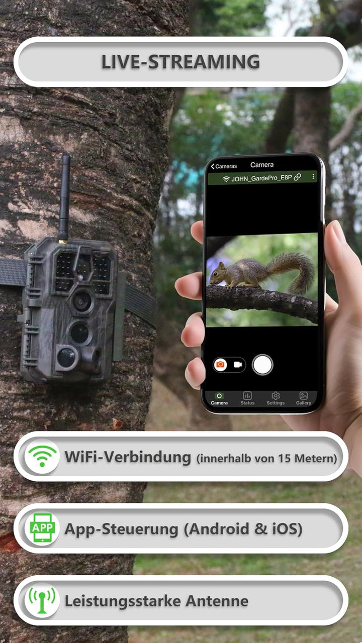 GardePro E8P Max Wildkamera WLAN, Wiederaufladbare 8000mAh Batterie, integrierte SD Karte, 64MP 1296