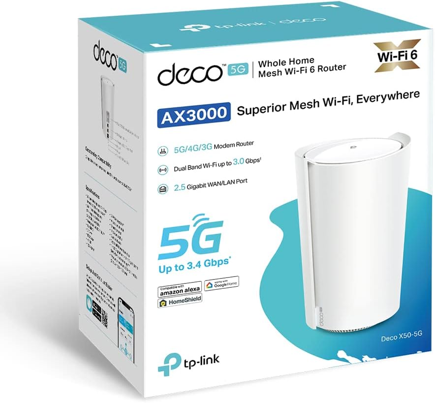 TP-Link Deco X50-5G LTE WLAN Router, 5G Router Sim-karte, 2,5-Gbit/s-Port + 2 x Gigabit-Ports, Wi-Fi