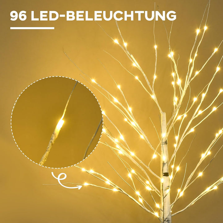 HOMCOM 150 cm Kunstbaum, Birkenbaum mit LED, Weihnachtsbaum Birken, Weihnachtsdeko Kunstbirke für Pa