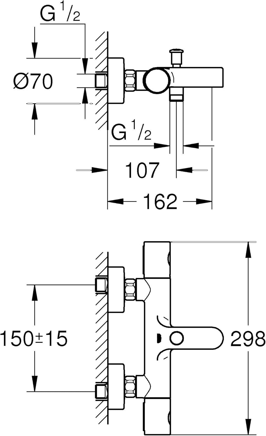 GROHE Precision Get - Thermostat-Wannenbatterie (für die Wandmontage, S-Anschlüsse, mit Schmutzfangs