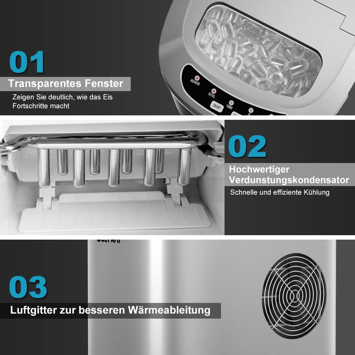 COSTWAY Eiswürfelmaschine 12KG/24H, Ice Maker 9 Eiswürfel in 6-13min, Eismaschine 2,2L Wassertank, E