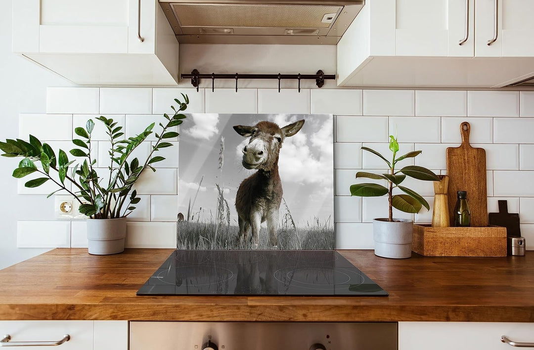 Esel im Feld Herdabdeckplatte & Spritzschutz aus Echtglas | Für Herd-Kochfelder | 60x52 cm