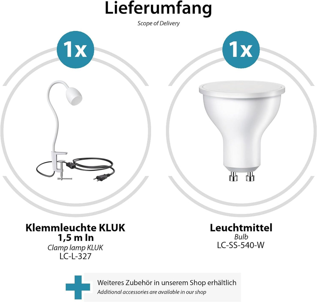 ledscom.de GU10 Klemmlampe KLUK mit Schwanenhals, weiss inkl. GU10, weiss, 4,888W, je 450lm, 2 Stk.