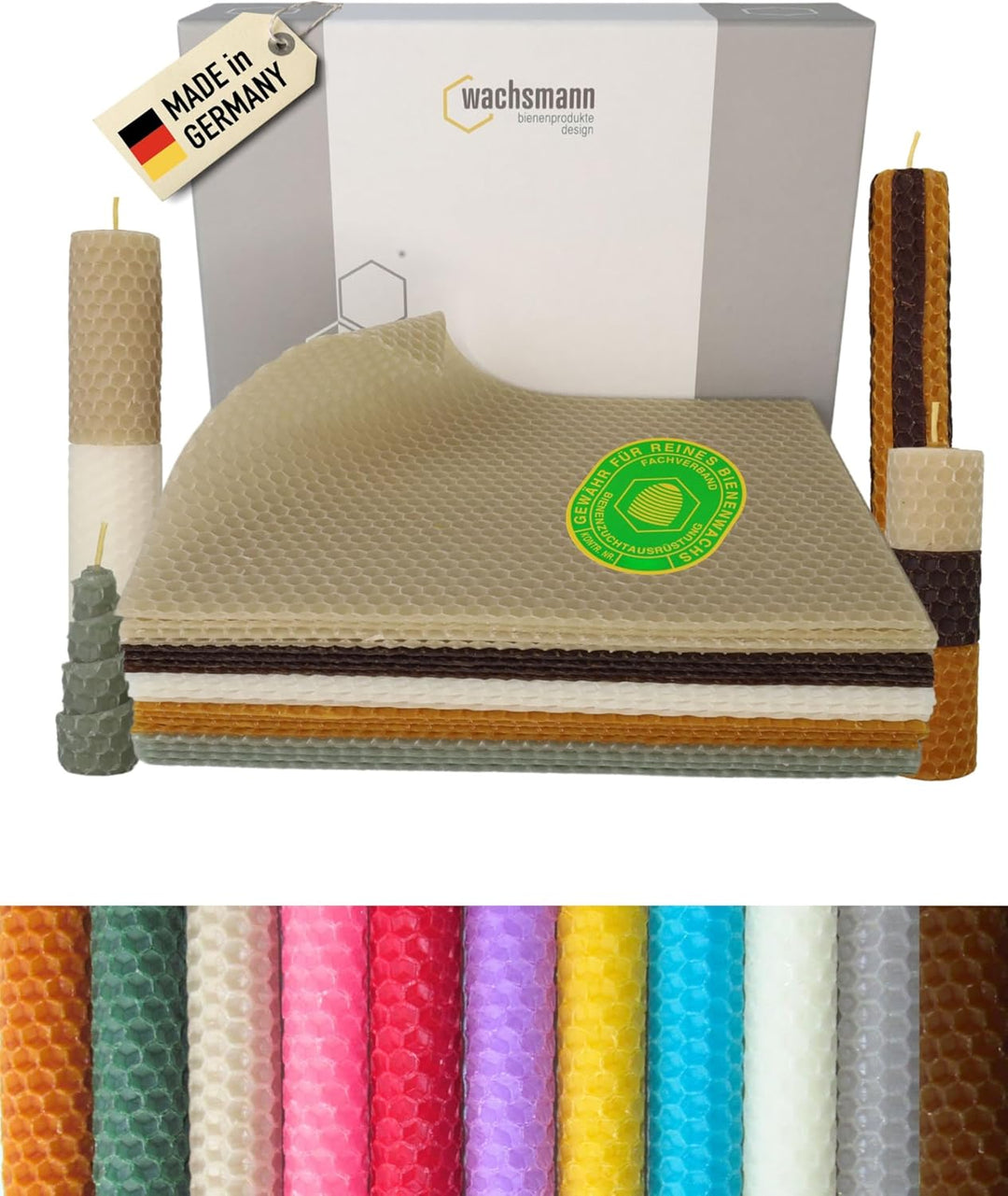 Wachsmann 20 Bienenwachsplatten aus Deutschland, buntes Set "Natur", Wachsplatten 20 x 15 cm, Bienen