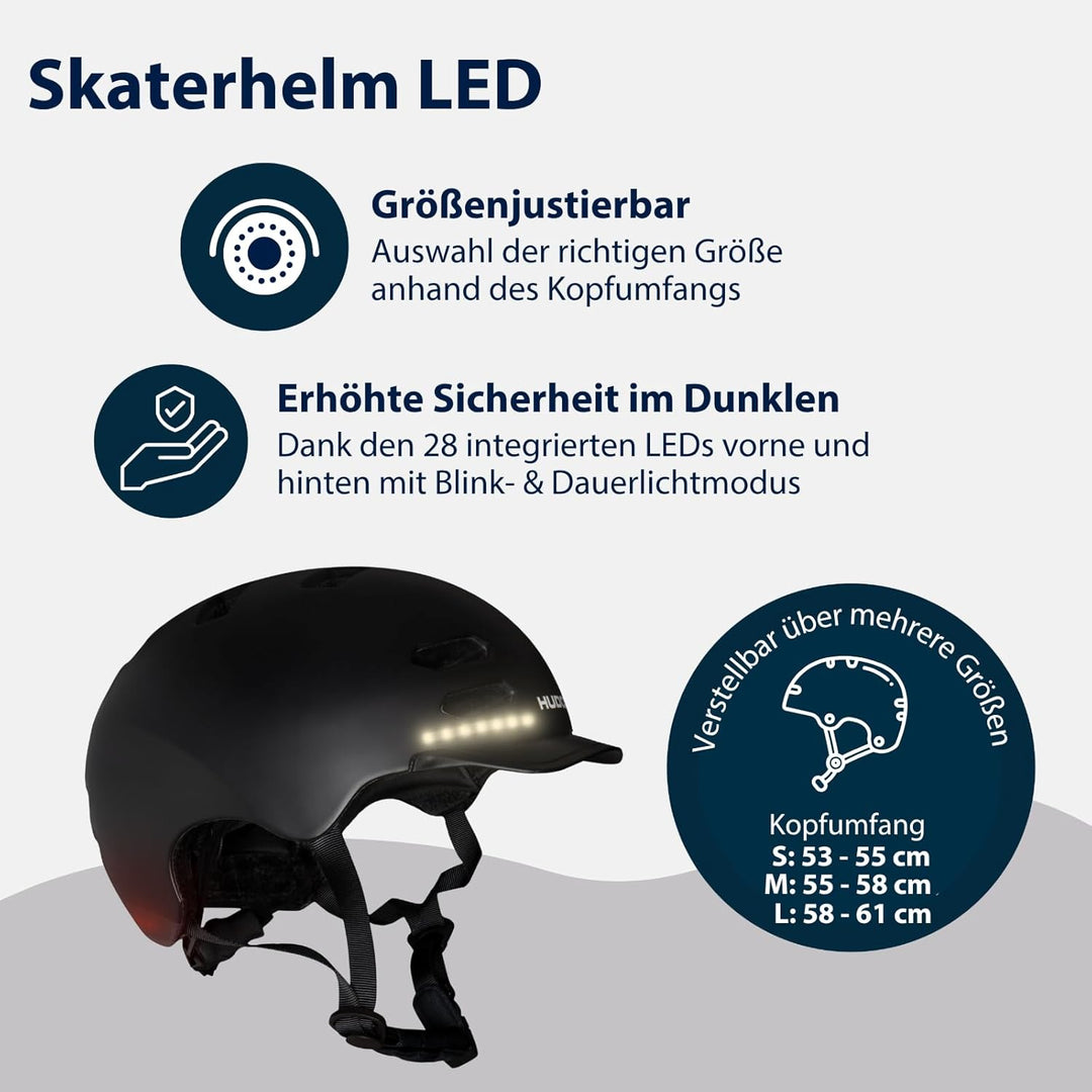 HUDORA Skaterhelm LED, schwarz L (58-61 cm) Schwarz, L (58-61 cm) Schwarz