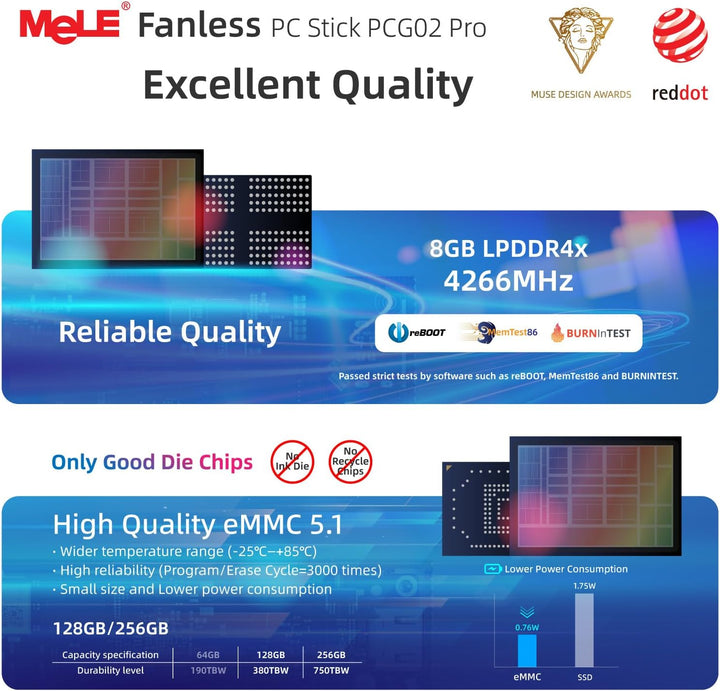MeLE PCG02 Pro Lüfterloser Mini-PC Stick, Reddot Gewinner 2024, N100 8GB 128GB, Dual HDMI2.0, 4k 60H
