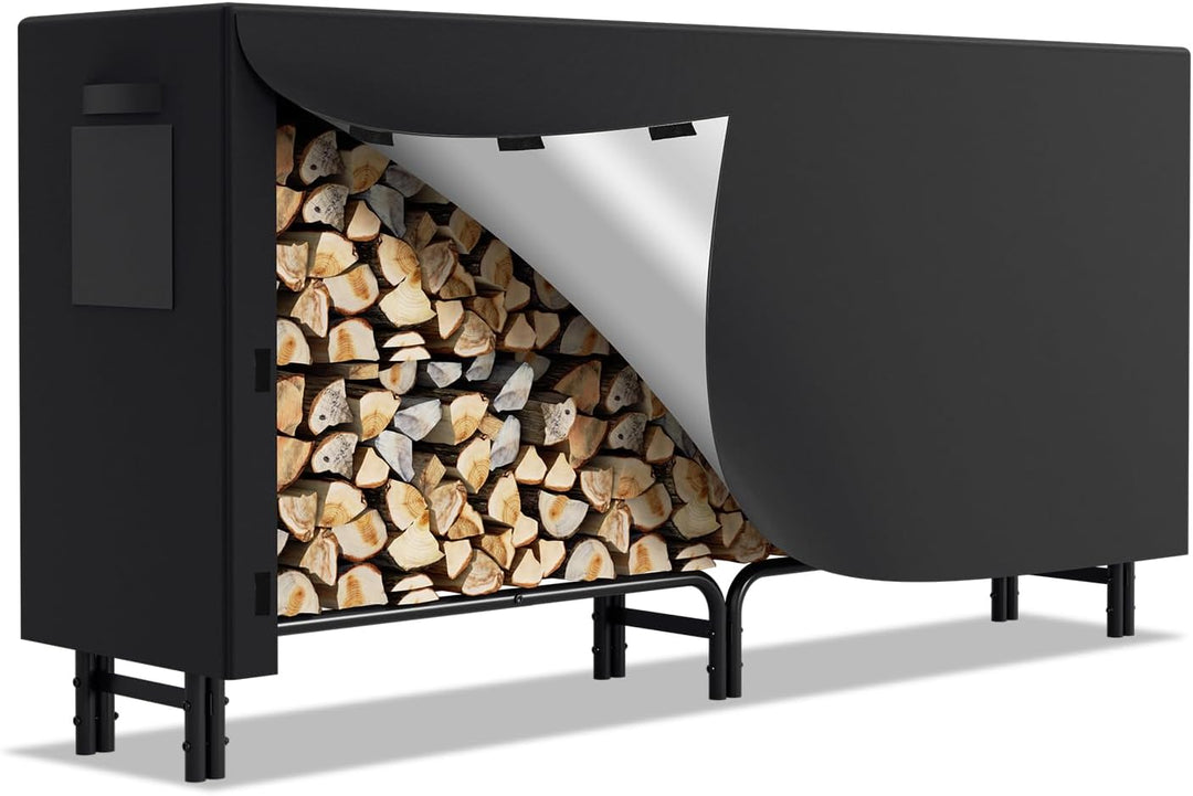 Lospitch Kaminholzregal mit Schutzhülle Stahlrahmen, Brennholzregal Aus Schwarzem Metall, Holzscheit