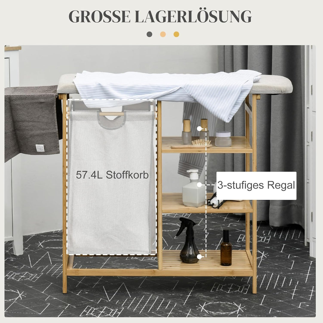 HOMCOM Wäschekorb 57,4 L Wäschesammler mit Bügelbrett und Bügeleisen, Wäschebox mit 3-Ebenen-Regal,