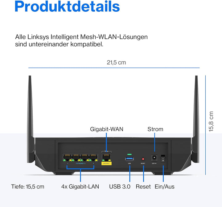 Linksys Hydra Pro 6E Tri‑Band WiFi-6E-Mesh-Router – 8-Stream-Router zum Gamen,Zugriff auf das 6-GHz-