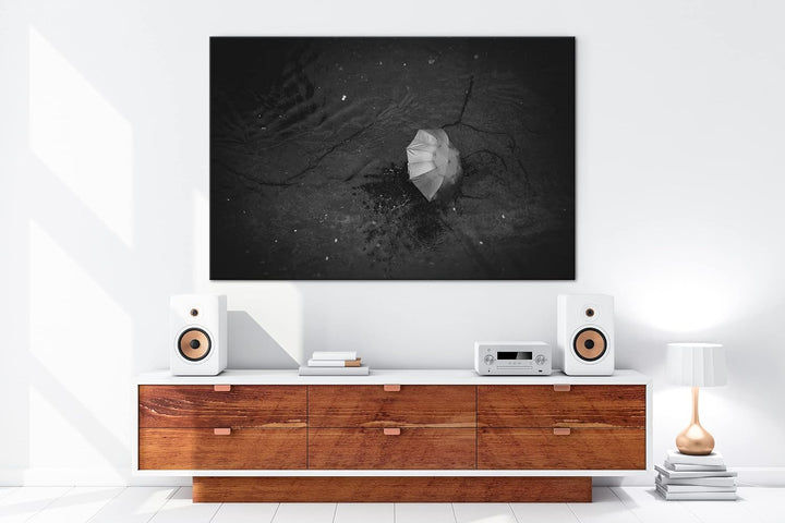 deyoli verlorender Regenschirm Format: 80x60 Effekt: Schwarz&Weiss als Leinwandbild, Motiv fertig ge