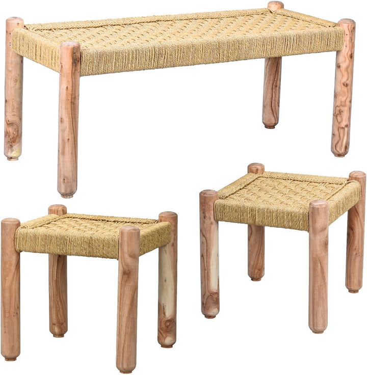 Marrakesch 3er Set Sitzbank Hocker Beistelltisch aus Holz & Jute Josue 36 cm | Ideal im Garten Terra