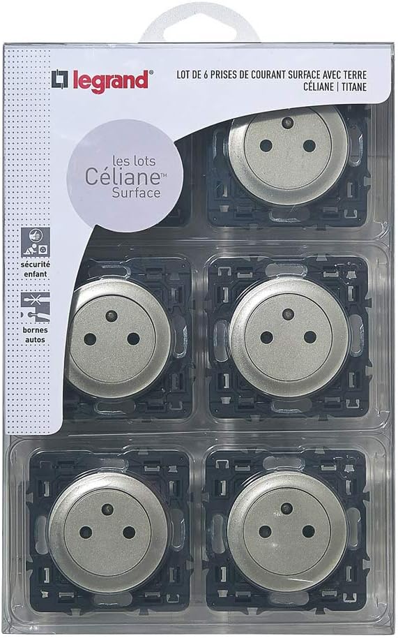 Legrand Céliane2 Steckdosen-Set, mit Erdung, kombinierbar, grau, 200268, 230 voltsV 6 Stück Titan, 6