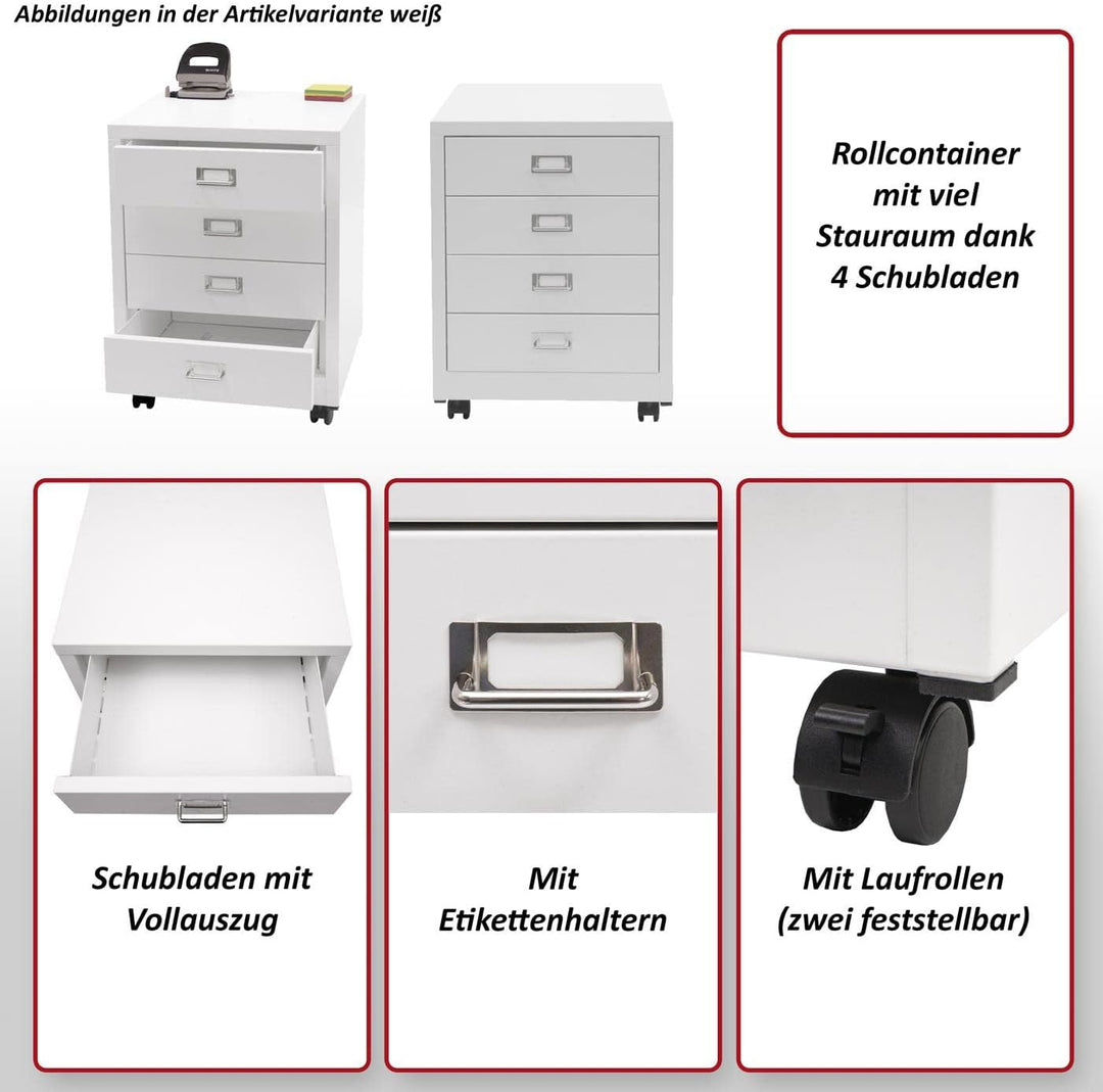 Mendler Rollcontainer HWC-L49, Schubladenschrank Stahlschrank Aktenschrank, Metall 55x40x41cm 4 Schu