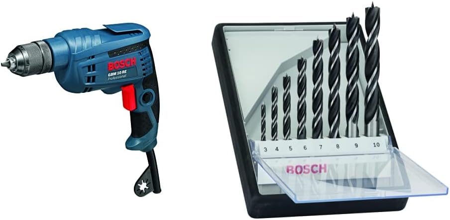 Bosch Professional Bohrmaschine GBM 10 RE (600Watt, 1-10 mm Schnellspannborhfutter,im Karton) + 8tlg