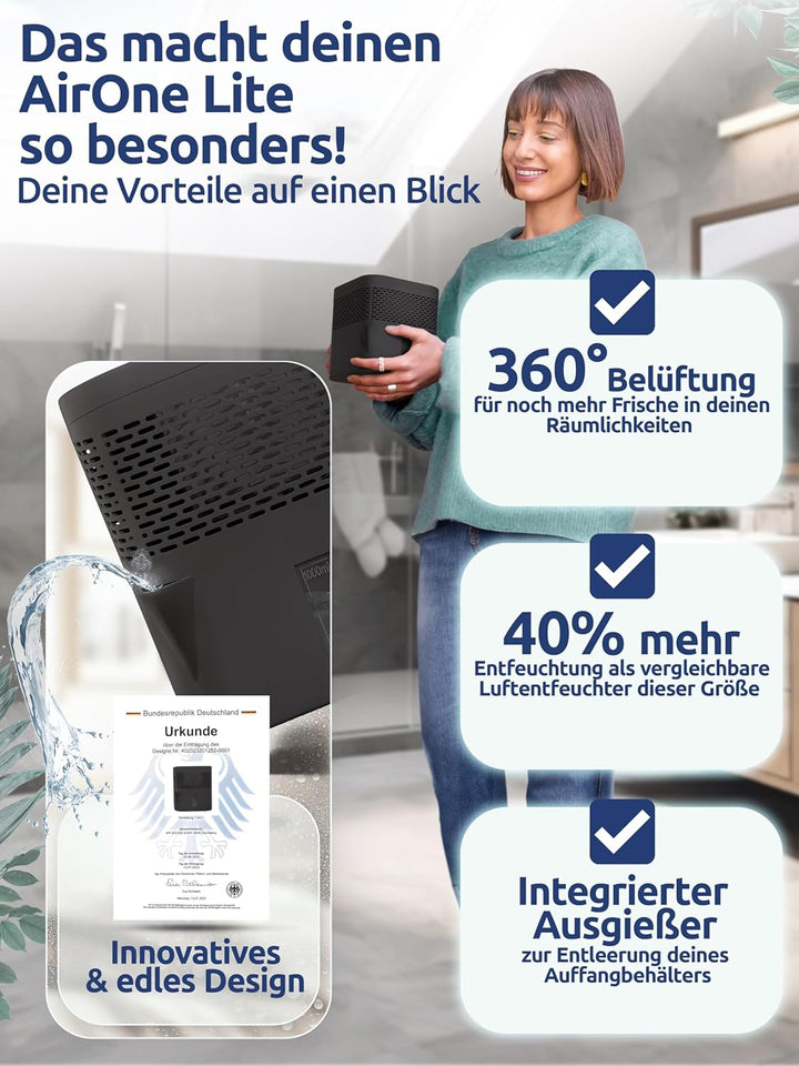 BonAura® AirOne Lite Luftentfeuchter ohne Strom mit 360° Belüftung I Raumentfeuchter mit Ausgiesser