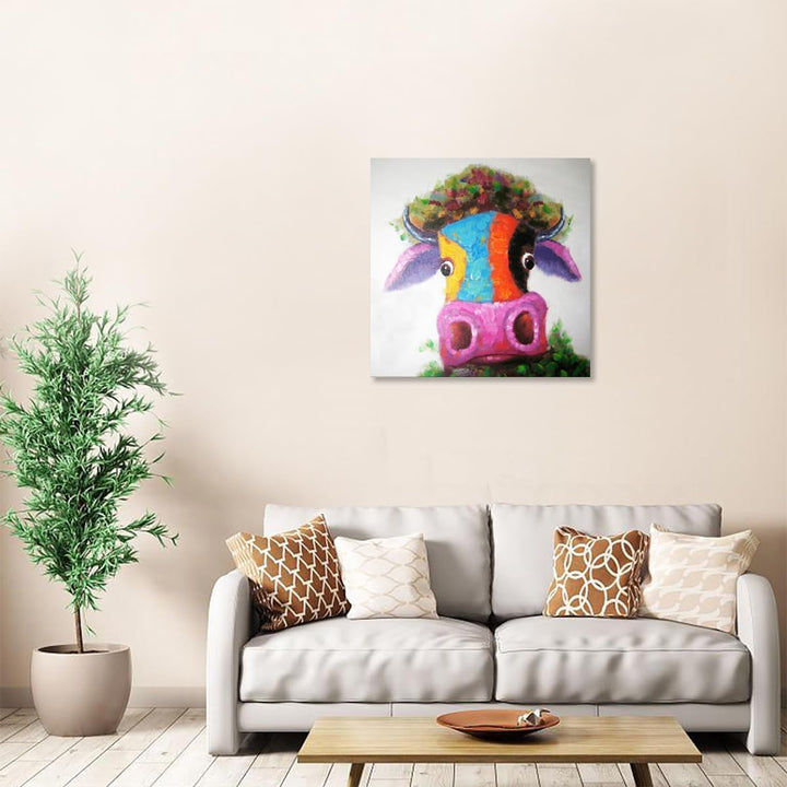 Fokenzary Hand bemalt Malerei Leinwand kleine Stier bunte Pop-Art-Wand-Dekor gerahmt bereit zum Aufh