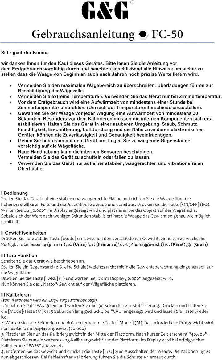 G&G 50g/0,001g FC50 + Kalibriergewicht Feinwaage Juwelierwaage Präzisonswaage Goldwaage