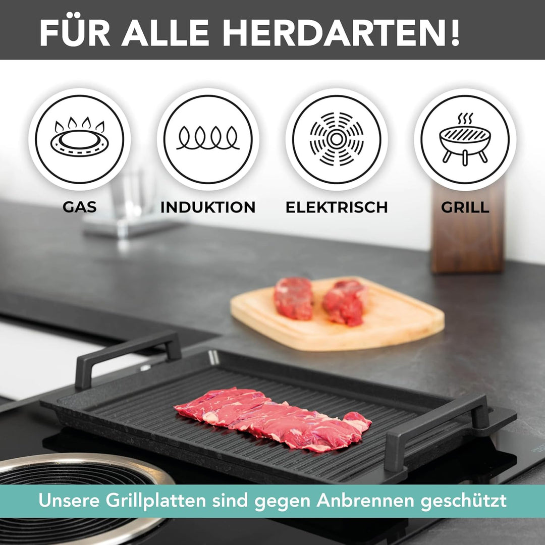MaxxGoods - Aluminiumguss Grillplatte komplett gerippt - 37,5x22,8x2,5cm - für Induktion & alle gäng