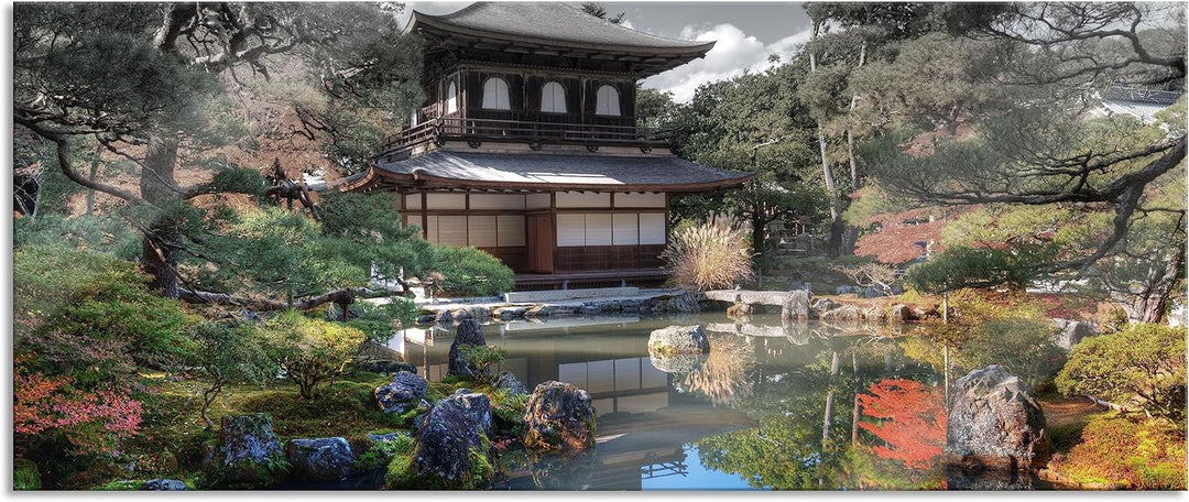 Glasbild Panorama | Wandbild aus Echtglas | Ginkaku-ji-Tempel in Kyoto | 100x40 cm | inkl. Aufhängun