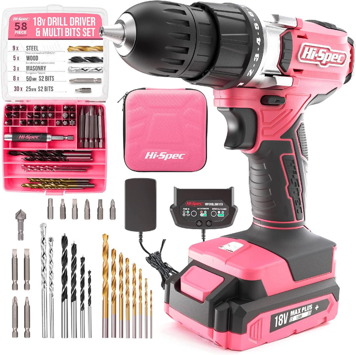 Hi-Spec 58-tlg. 18V-Akkubohrer in Pink Rosa mit S2 Bit Satz. DIY Akkuschrauber, Bohrmaschine für Met
