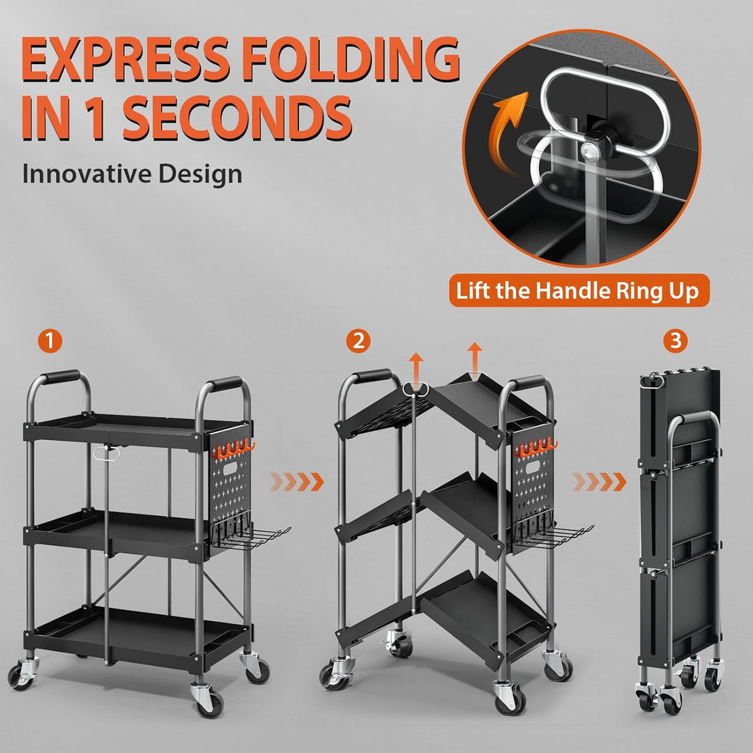KINGRACK 3-Ebenen servierwagen klappbar mit Rollen ergonomischem Griff, klappbar Allzweck-Dienstwage