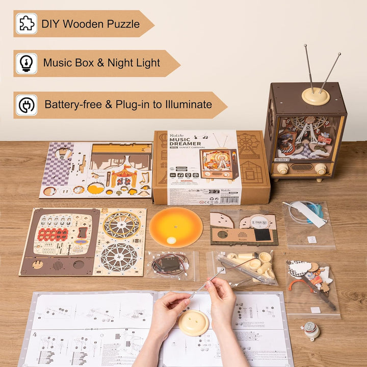Rolife 3D Puzzles Holz Spieluhr Sonnenuntergang Karneval Miniatur Szene Retro Fernsehen Modell Bausä